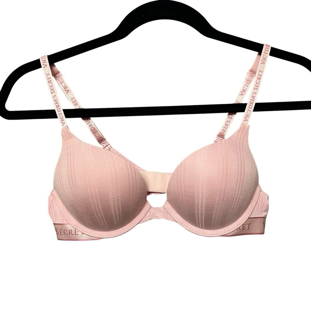 Victorias Secret Tshirt Push Up Plunge Bra Size 34AA Heavily Padded Pink Logo